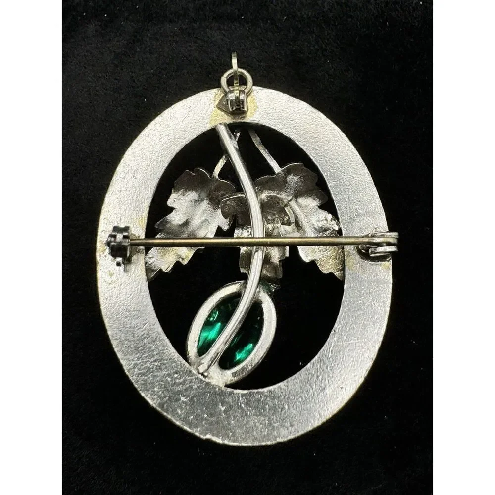 Vintage Silver Tone‎ Oval Leaf Brooch Green Glass Cabochon Pendant Jewelry